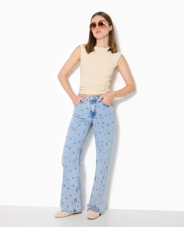Jean straight taille haute avec broderies fleurs bleu - Pimkie