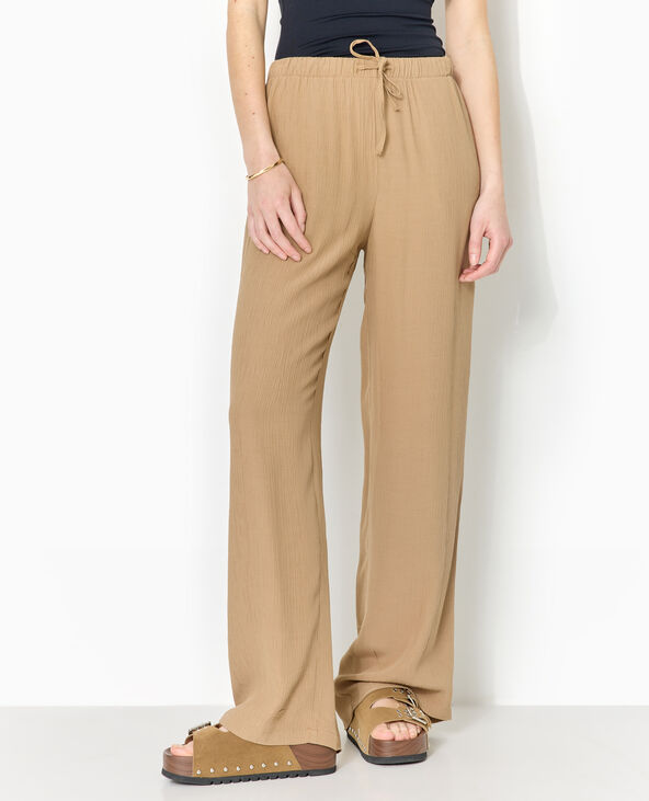 Pantalon palazzo aspect froissé taille élastiquée marron - Pimkie