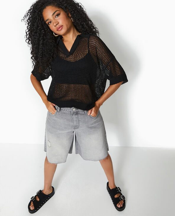 Pull polo manches courtes en maille ajourée noir - Pimkie