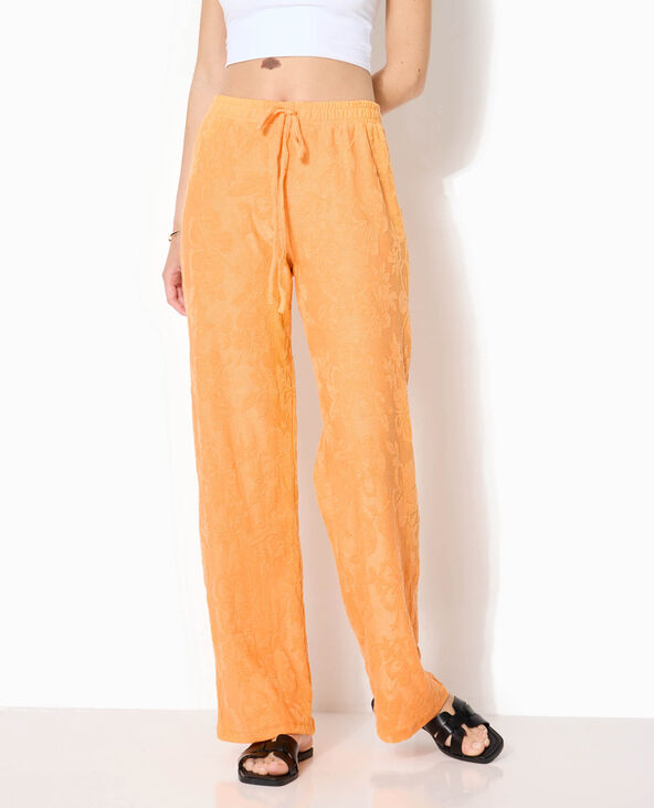 Pantalon ample en éponge jacquard motif fleurs orange - Pimkie