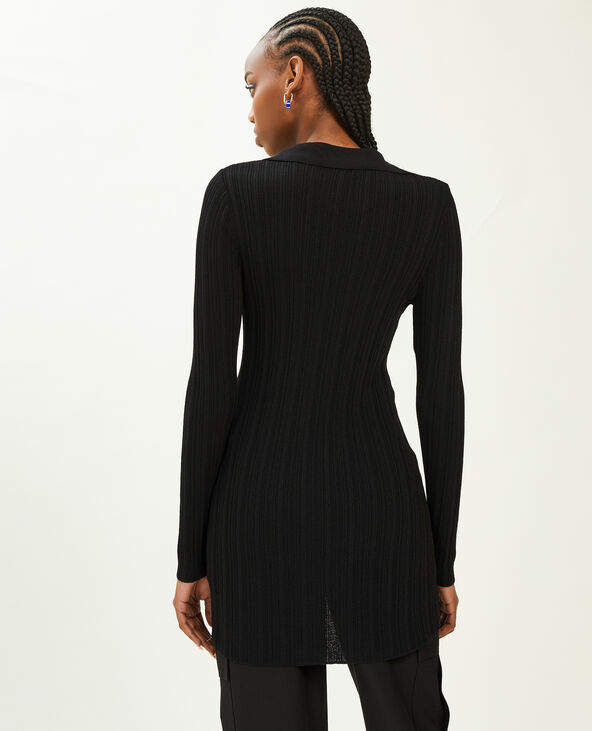 Gilet long en maille côtelée col polo noir - Pimkie