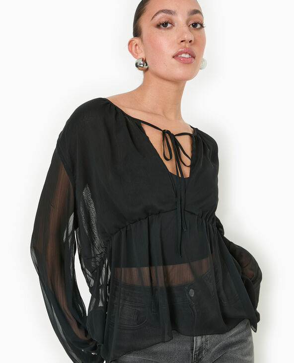 Blouse en voile avec lien à nouer noir - Pimkie