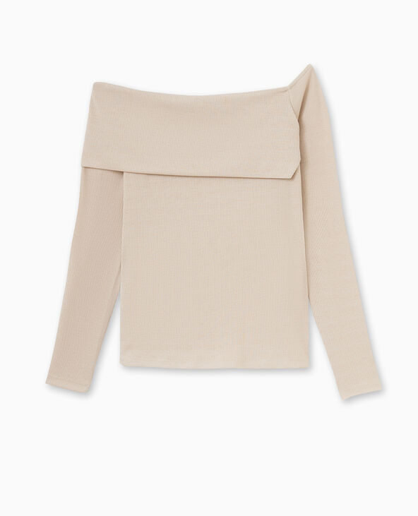 Top en maille côtelée encolure Bardot beige - Pimkie