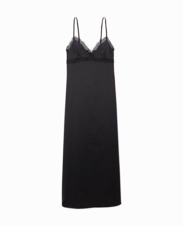 Robe longue en satin avec dentelle noir - Pimkie