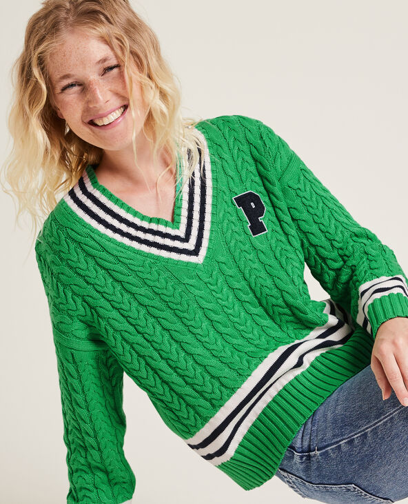 Pull maille torsadée col V vert - Pimkie