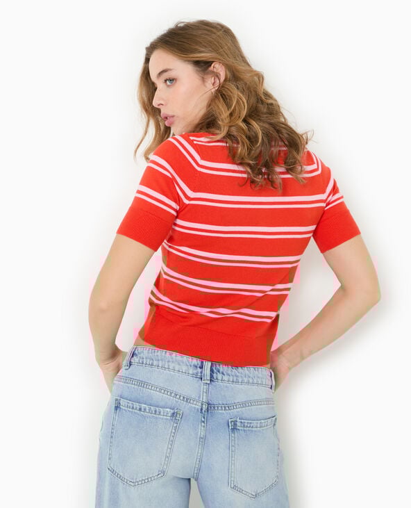 Pull manches courtes col polo motif rayures rouge - Pimkie