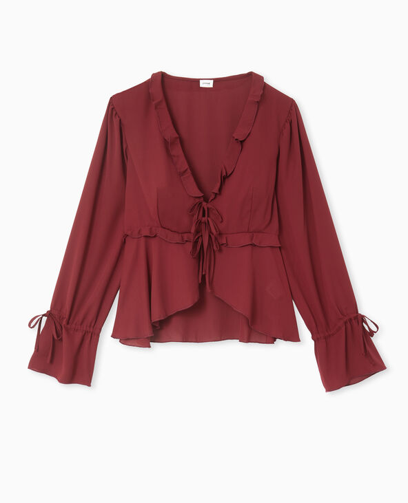 Blouse avec volant et nouettes bordeaux - Pimkie