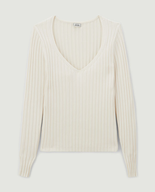 Pull col V en maille côtes plates blanc - Pimkie