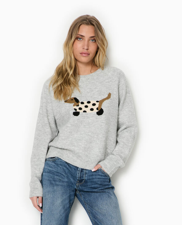 Pull en maille avec chien gris chiné - Pimkie