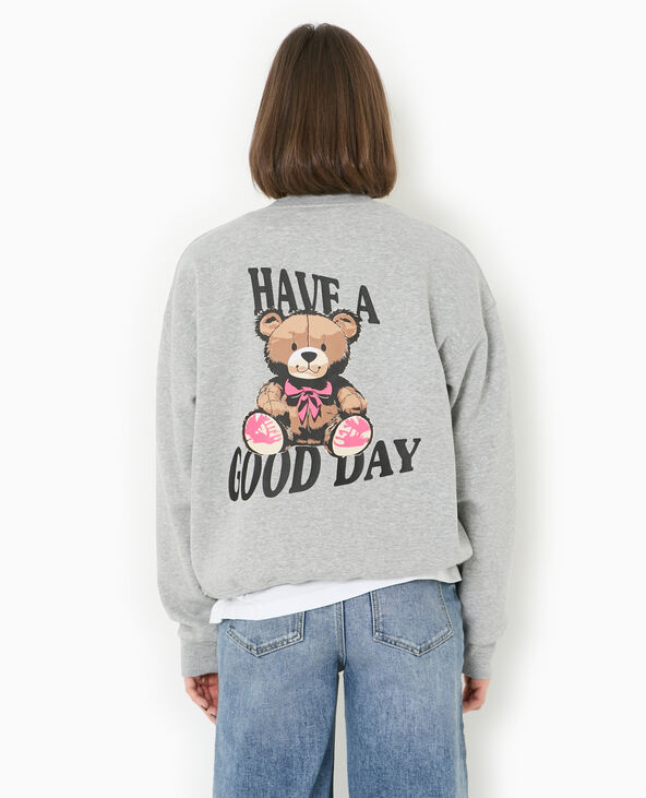 Sweat col rond avec print poitrine et dos gris chiné - Pimkie
