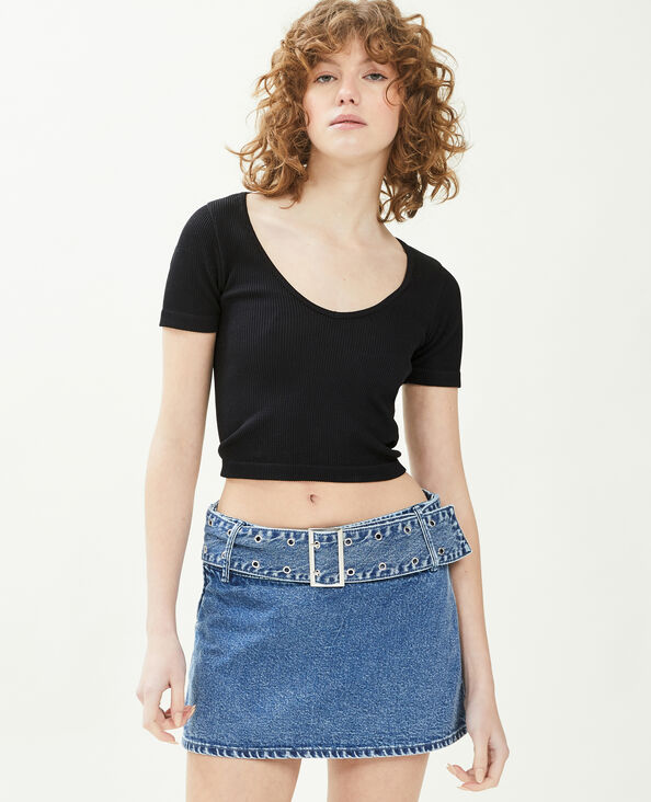 T-shirt cropped col V noir - Pimkie