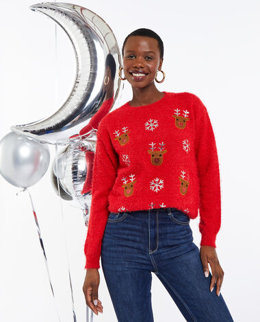 Pull de Noël avec rennes et flocons orange - Pimkie