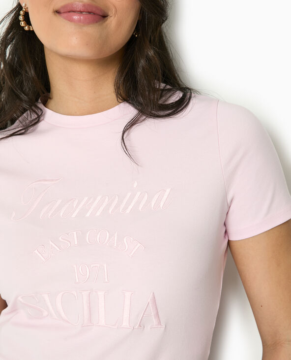 T-shirt court avec broderie ton sur ton rose clair - Pimkie