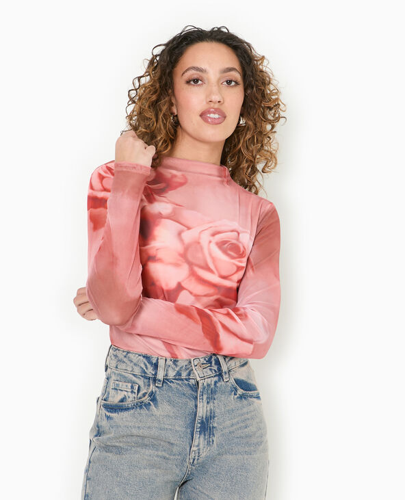 Top manches longues en résille motif roses rouge - Pimkie