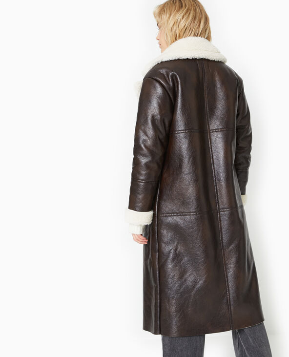 Manteau long en simili et fourrure marron - Pimkie