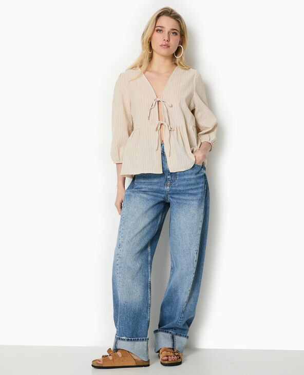 Blouse rayée avec nouettes et manches bouffantes beige - Pimkie