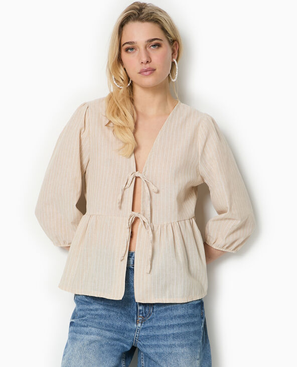 Blouse rayée avec nouettes et manches bouffantes beige - Pimkie