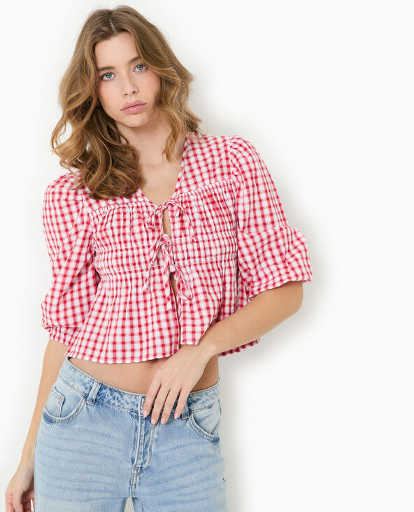 Blouse avec smocks et nouettes motif vichy rouge - Pimkie