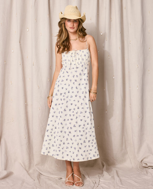 Robe longue avec lin motif fleurs blanc - Pimkie
