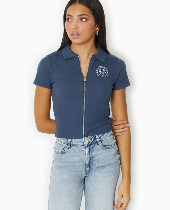 Polo zippé en maille côtelée bleu marine - Pimkie