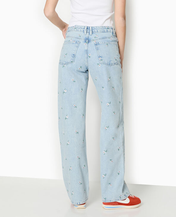 Jean droit avec broderies fleurs all over bleu clair - Pimkie