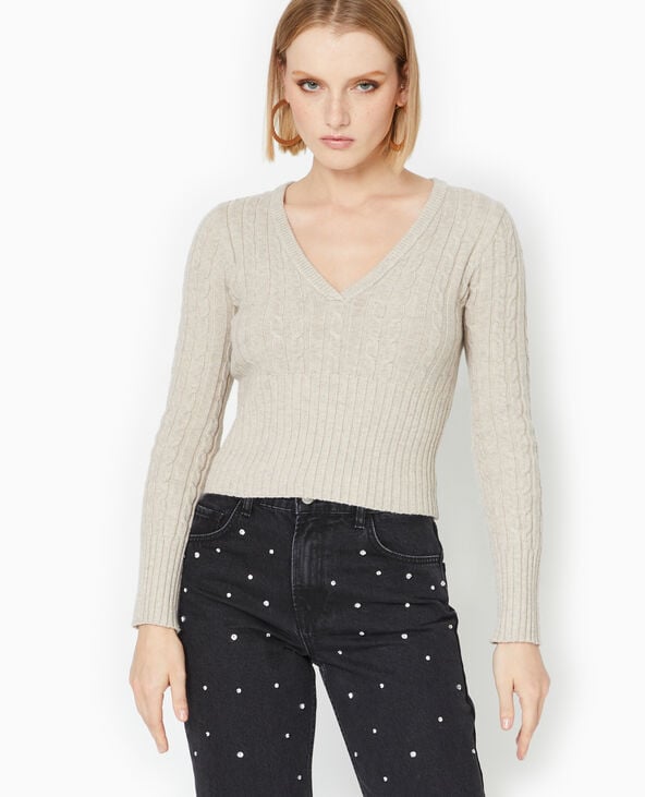 Pull col V en maille torsadée beige - Pimkie