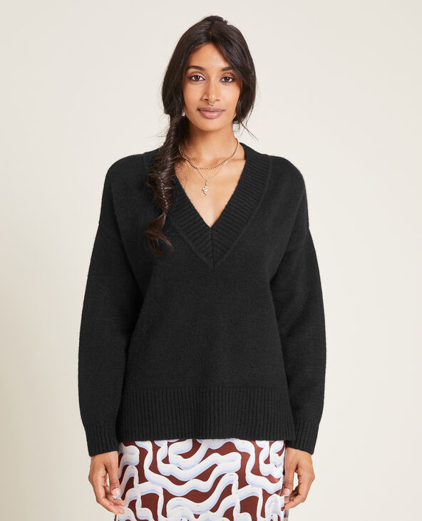 Pull grand col V noir - Pimkie