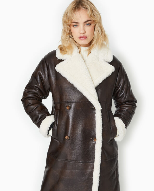Manteau long en simili et fourrure marron - Pimkie