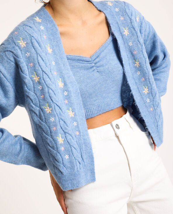 Gilet torsadé et brodé bleu - Pimkie