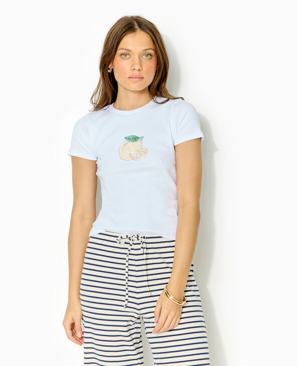 T-shirt ajusté en maille côtelée avec citron blanc - Pimkie