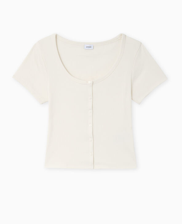 T-shirt court boutonné en maille côtelée blanc - Pimkie