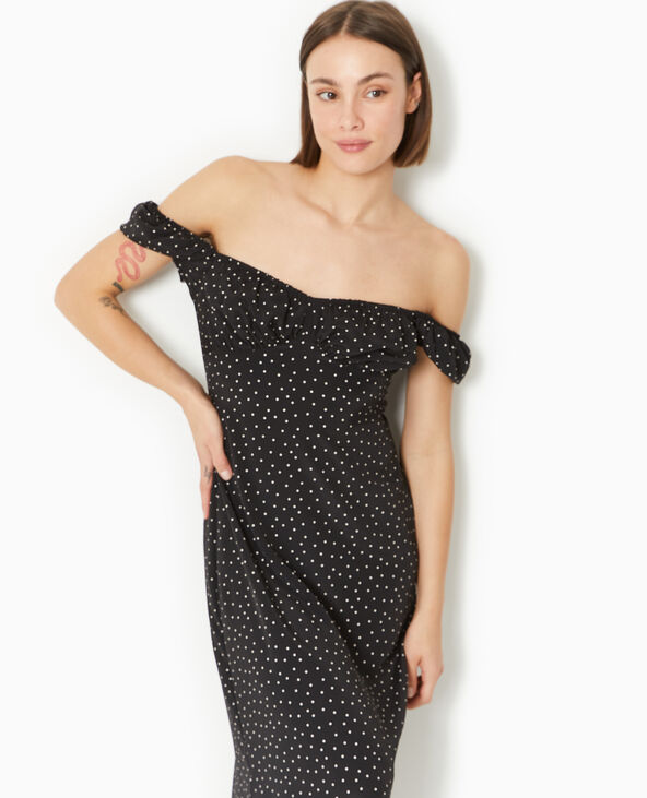 Robe longue forme empire motif pois noir - Pimkie