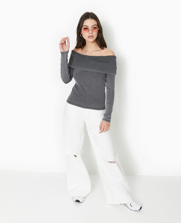 Top manches longues encolure Bardot gris foncé - Pimkie