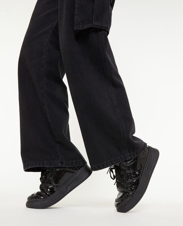 Sneakers en simili effet croco verni noir - Pimkie