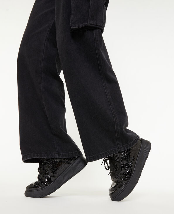 Sneakers en simili effet croco verni noir - Pimkie