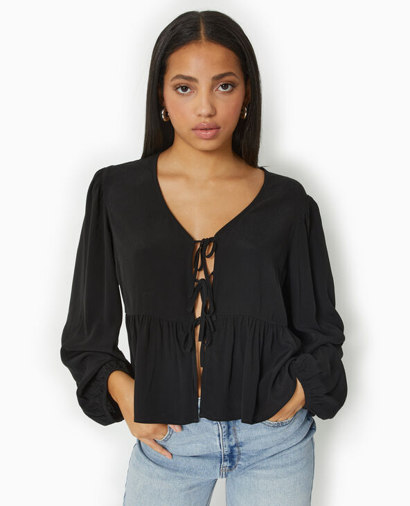 Blouse avec nouettes et manches ballons noir - Pimkie