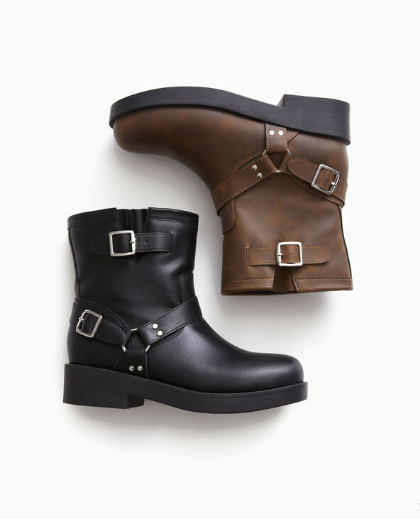 Boots motardes avec détails brides et boucle marron - Pimkie