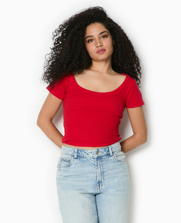 T-shirt maille côtelée grande encolure rouge - Pimkie