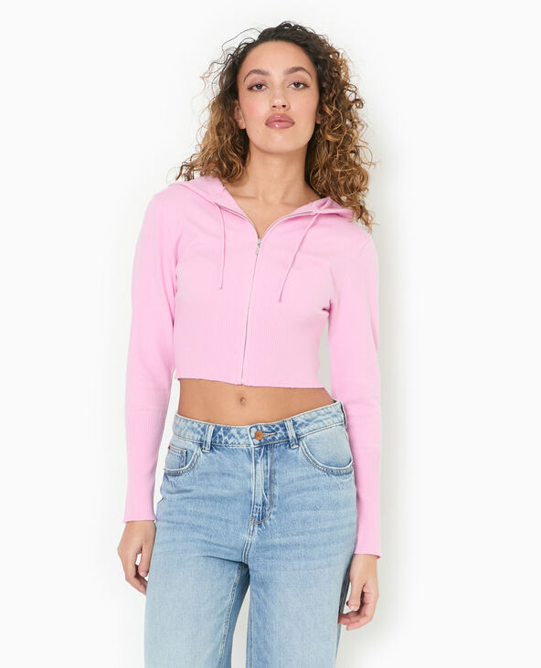Gilet court zippé en maille fine avec capuche rose - Pimkie