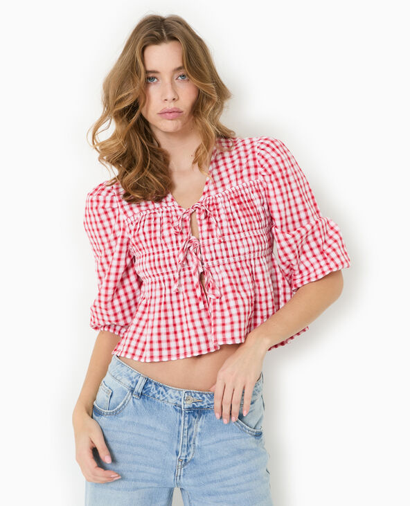 Blouse avec smocks et nouettes motif vichy rouge - Pimkie