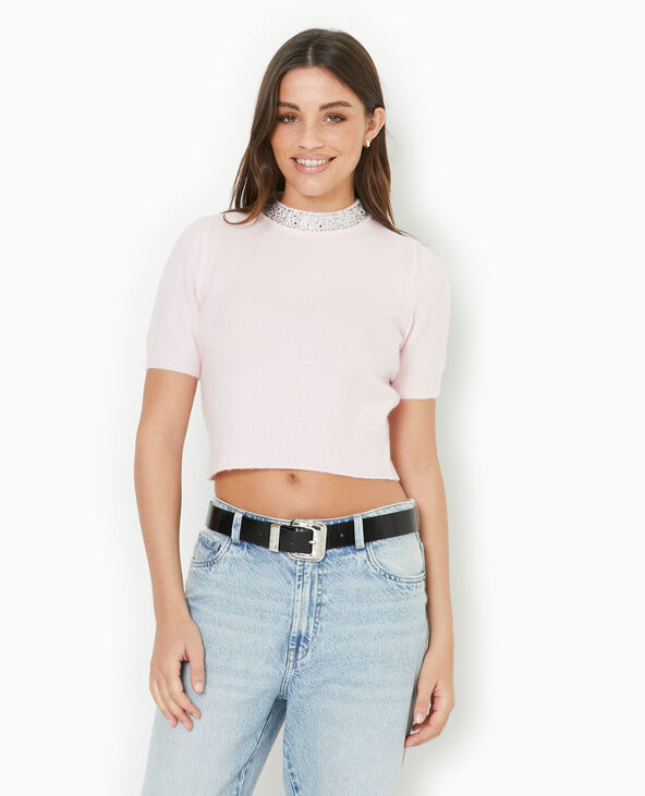 Pull manches courtes avec brillants rose clair - Pimkie