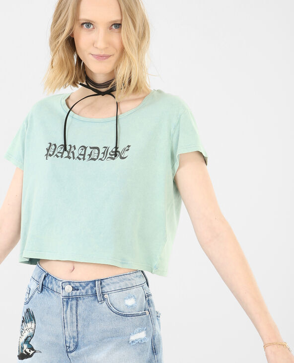 T-shirt cropped à message vert de gris - Pimkie