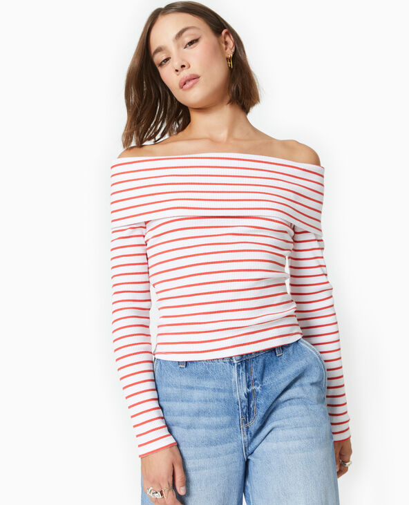 Top en maille côtelée encolure Bardot rayé rouge - Pimkie