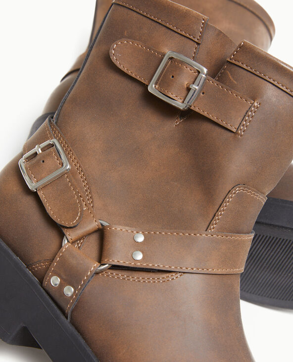 Boots motardes avec détails brides et boucle marron - Pimkie