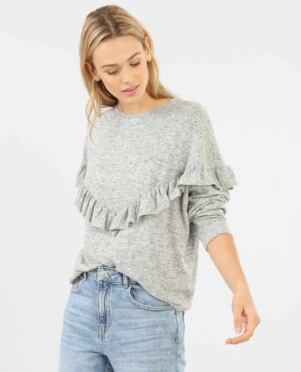 Pull doux à volant gris chiné - Pimkie