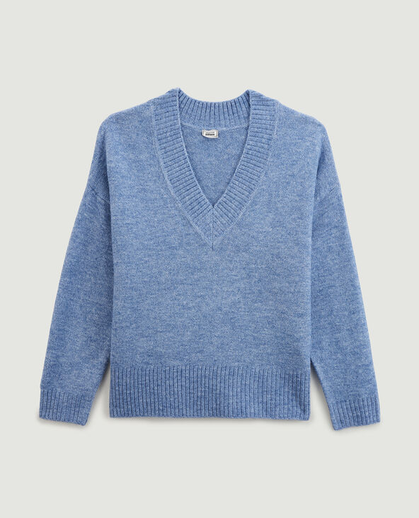 Pull grand col V bleu - Pimkie