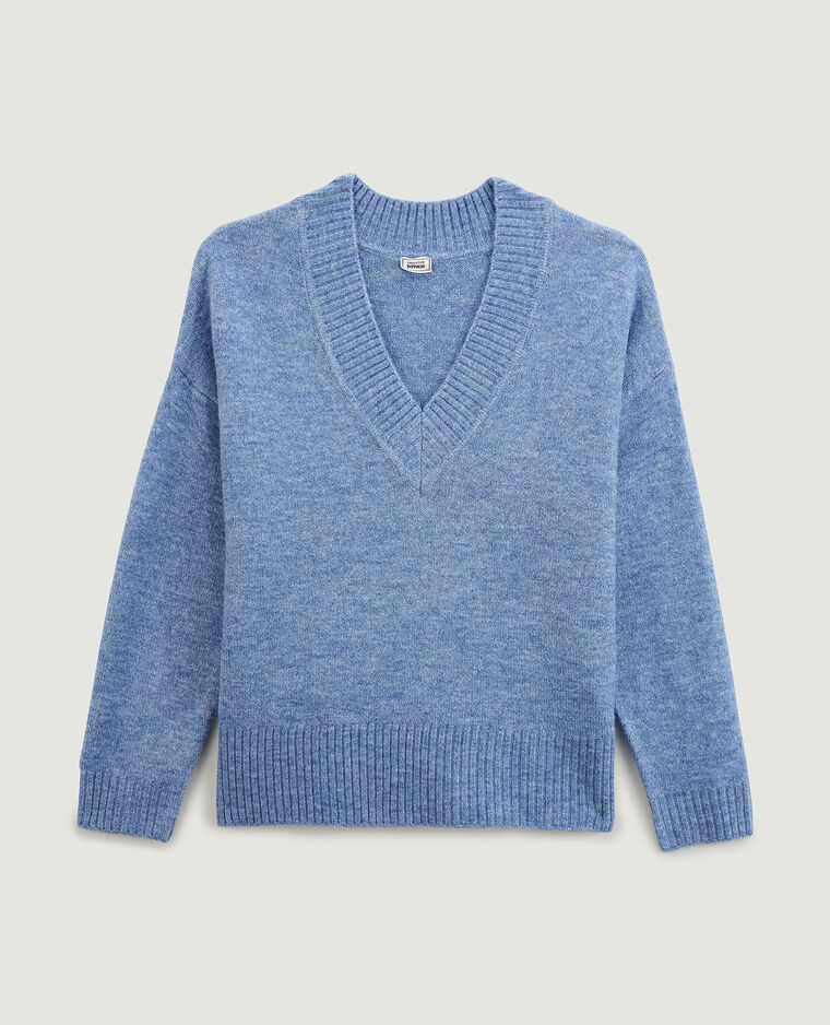 Pull grand col V bleu - Pimkie