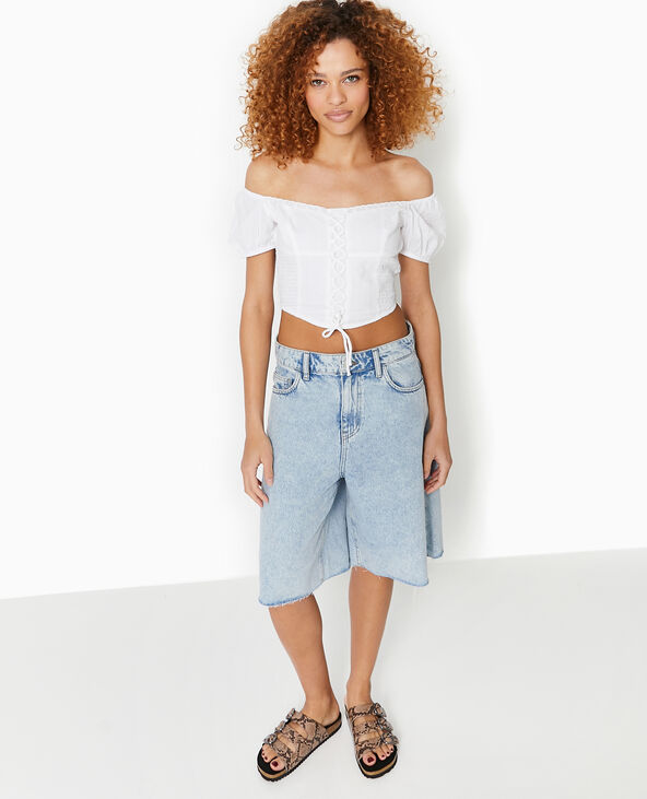 Top court avec laçage et smocks blanc - Pimkie