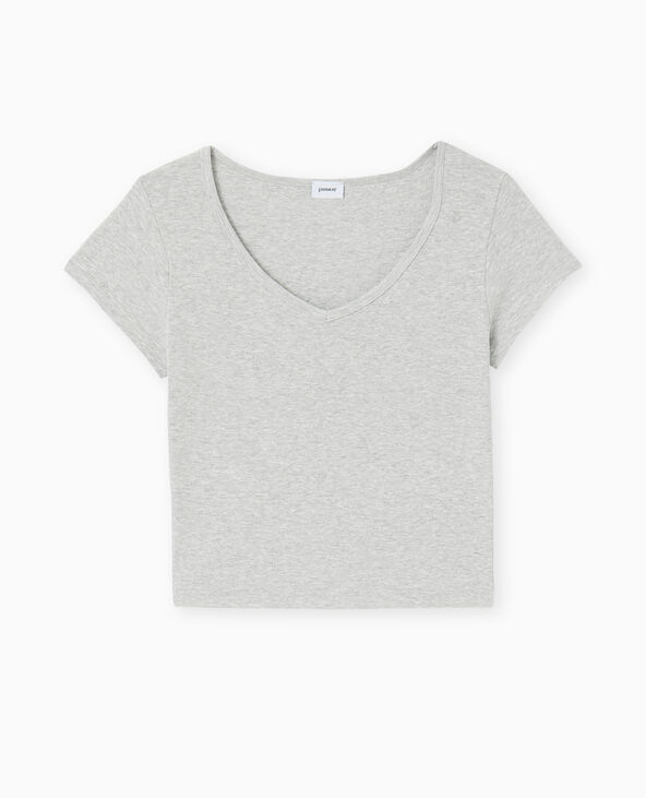 T-shirt court col V gris chiné - Pimkie