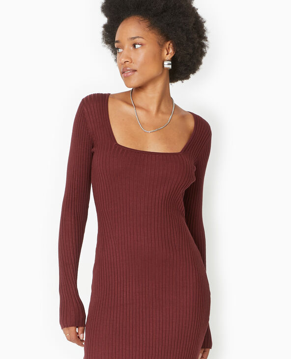 Robe longue en maille côtelée encolure carrée bordeaux - Pimkie